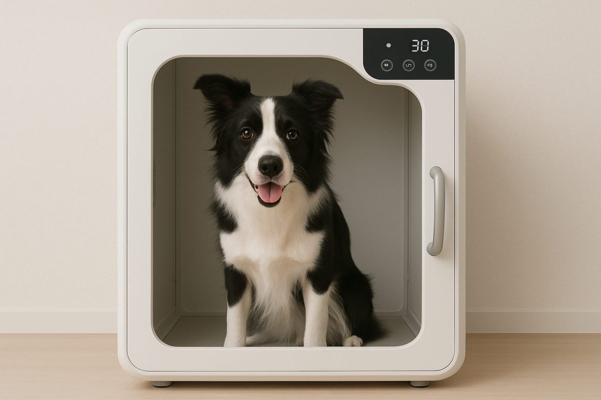 小型犬や中型犬、大型犬も利用できるドライヤーボックスに入っている中型犬