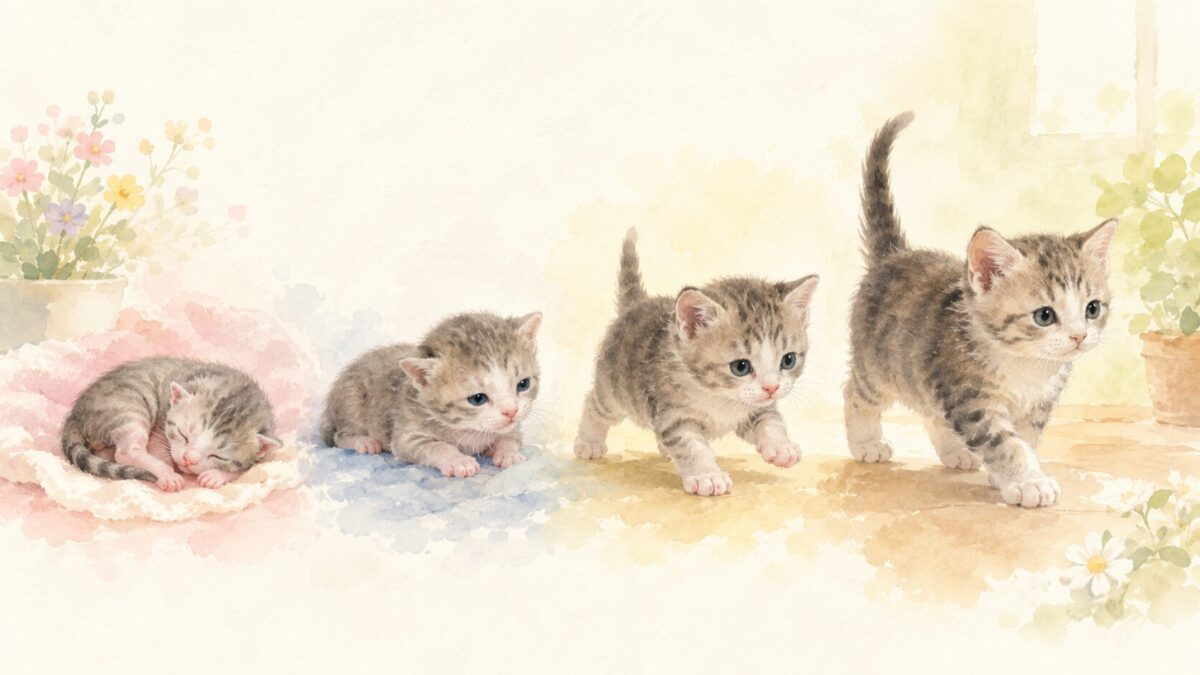 生後1週・2週・3週・4週の子猫の発育の変化を並べたイラスト