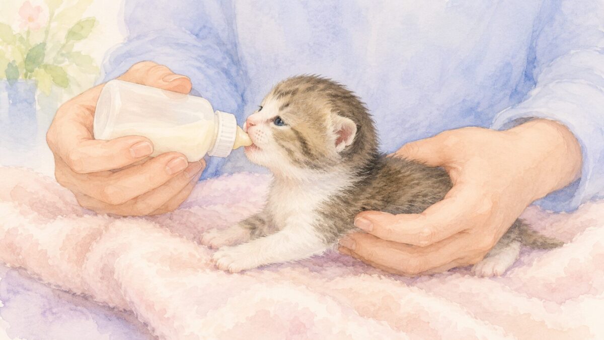 子猫をうつ伏せにして頭を少し上げ、哺乳瓶でミルクを与える正しい姿勢のイラスト