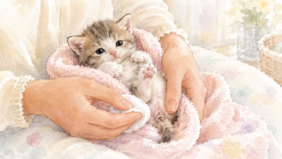 湿らせたガーゼで子猫のおしりまわりをやさしく刺激して排泄を促すお世話のイラスト