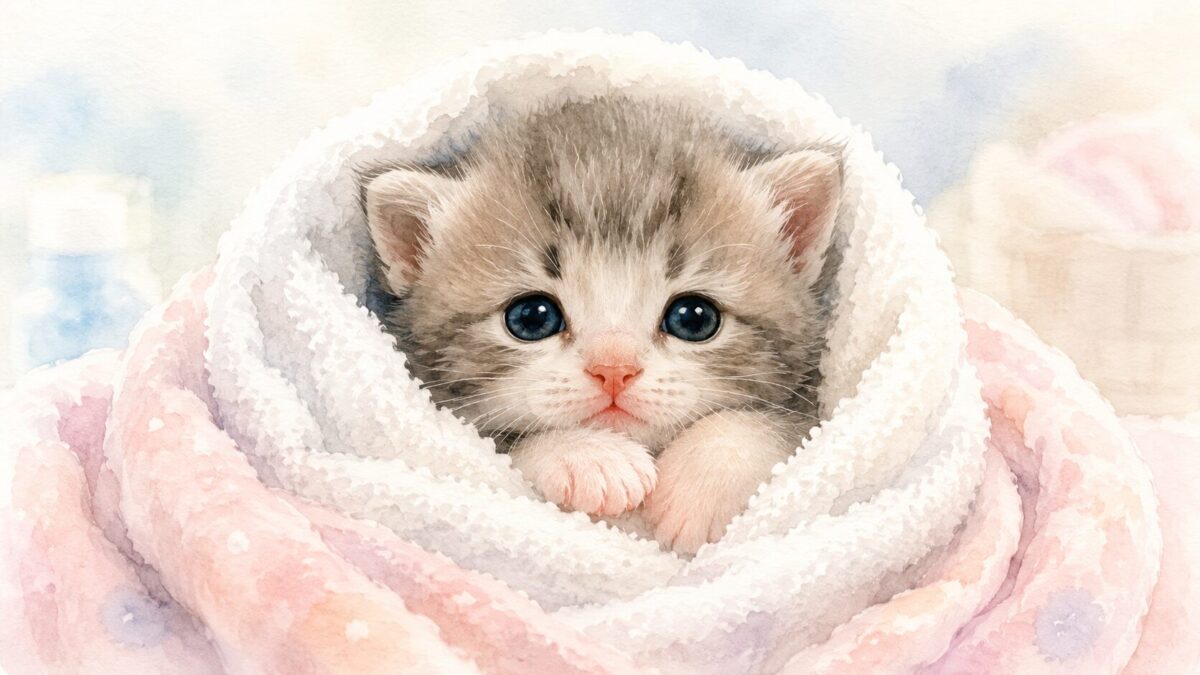 タオルに包まれた生後まもない子猫のイラスト