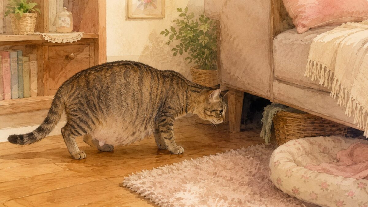 出産が近づいた母猫が落ち着かない様子で部屋の隅の暗い場所を探しているイラスト