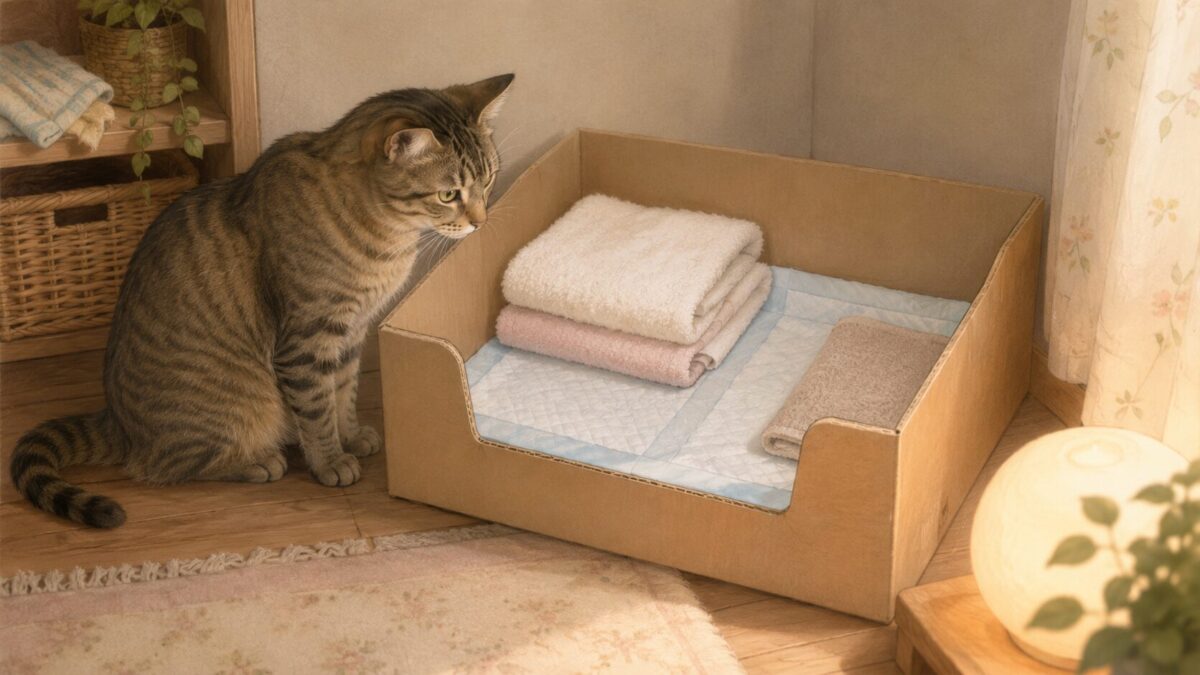 段ボール箱に清潔なタオルを敷いた猫の産箱を静かな部屋の隅に用意したイラスト