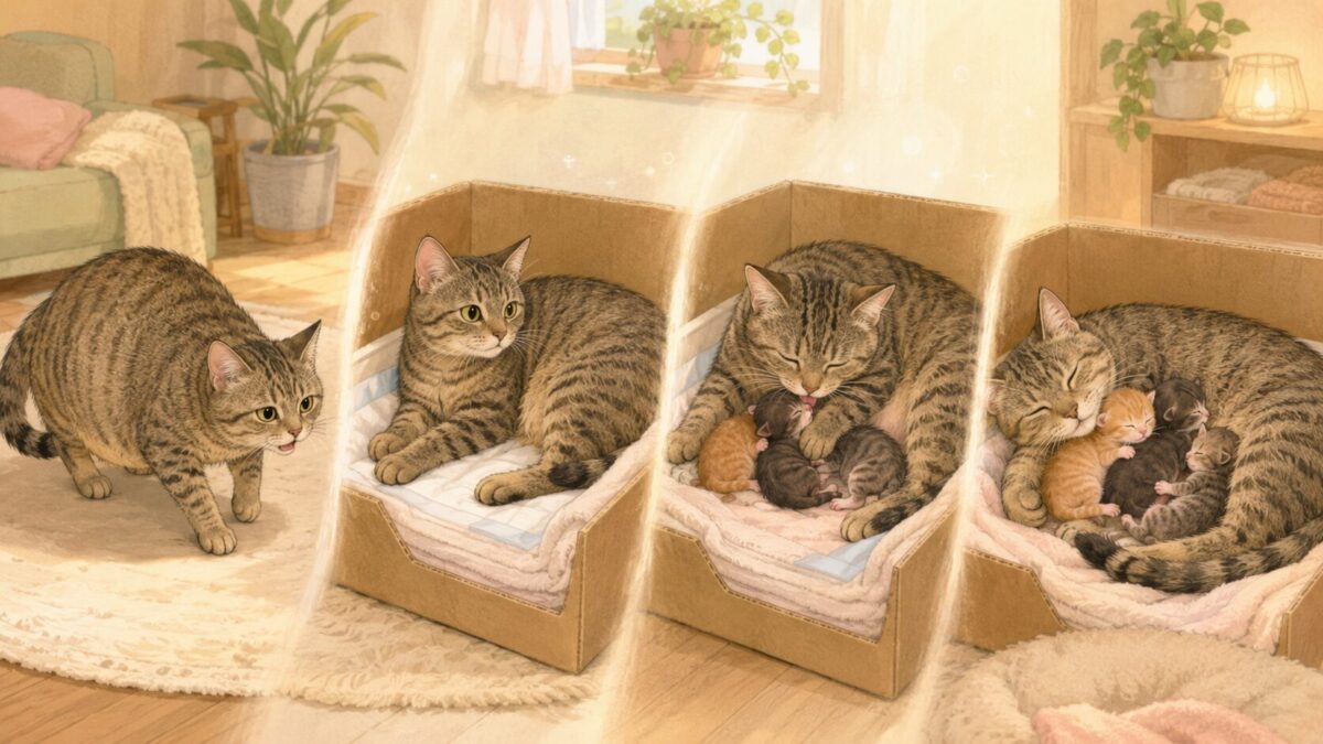 猫の出産の流れを陣痛・破水・子猫の誕生・後産の4段階で示したイラスト