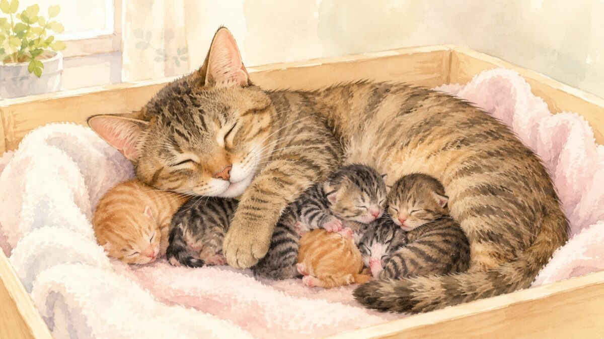 産箱の中で母猫が生まれたばかりの子猫に寄り添うイラスト
