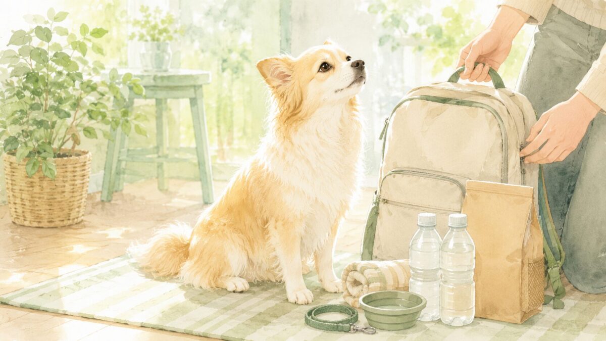 防災リュックと避難グッズのそばにおすわりする犬のイラスト