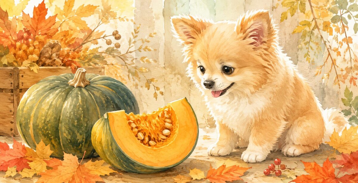 かぼちゃと一緒に座る犬の秋のイラスト