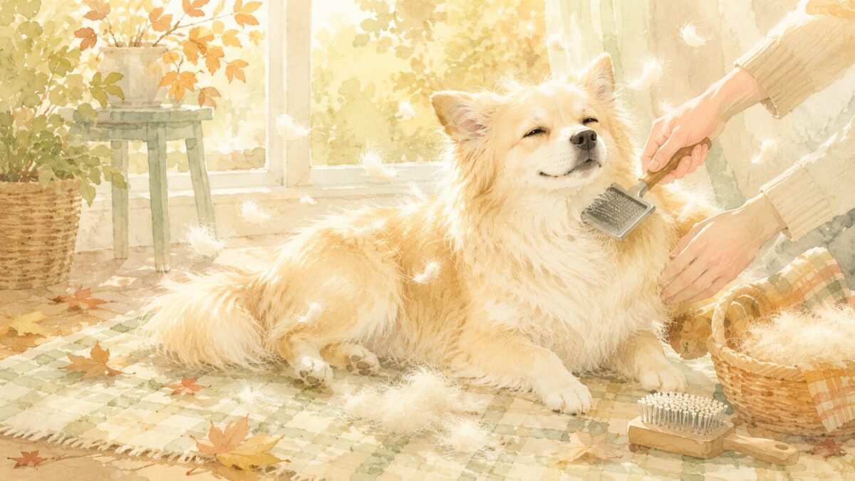 換毛期にブラッシングされる犬と舞う抜け毛のイラスト