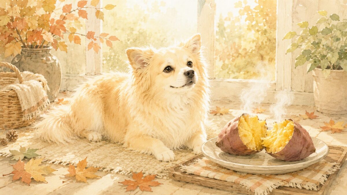 さつまいもを前に嬉しそうな犬の秋のイラスト