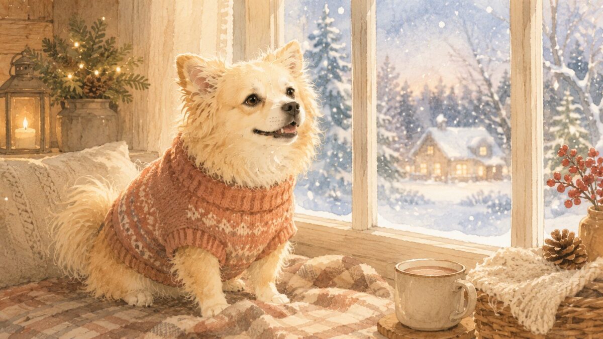 あたたかい冬服を着た犬のイラスト
