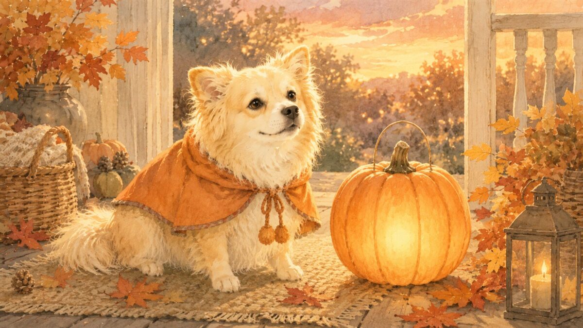 かぼちゃとオレンジのマントを着た犬のハロウィンイラスト