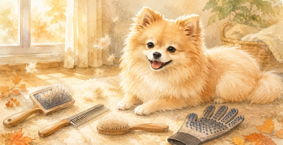 ブラシと抜け毛ケアグッズに囲まれた犬のイラスト