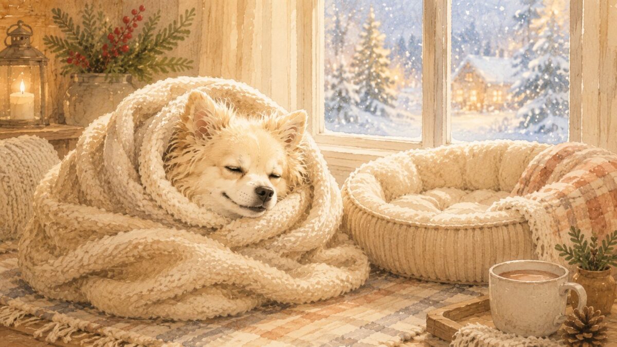 毛布にくるまって暖まる犬の寒さ対策イラスト