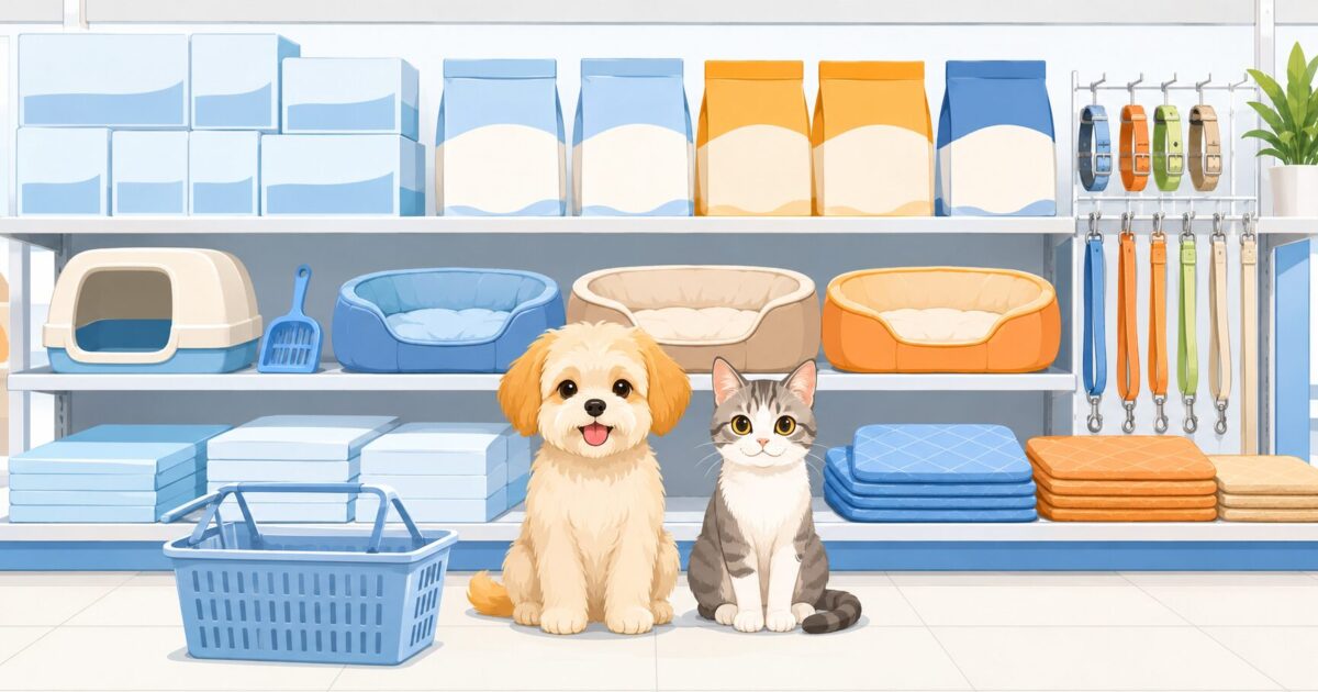 ペット用品売り場の棚にフードやペットシーツ、猫トイレ、ベッド、首輪やリードが並び、手前に犬と猫が座っているイラスト