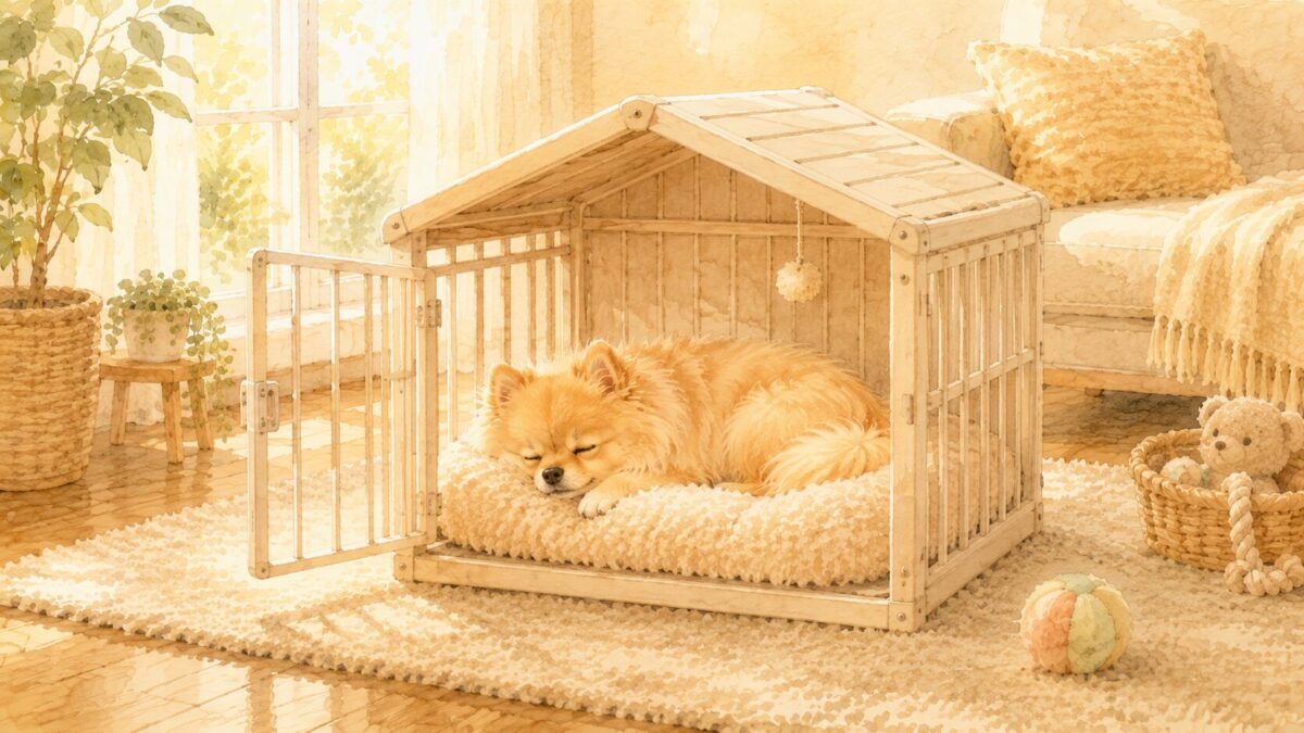 屋根付きケージの中のベッドで休む犬のイラスト