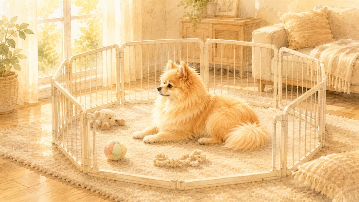 サークルの中でおもちゃとくつろぐ犬のイラスト