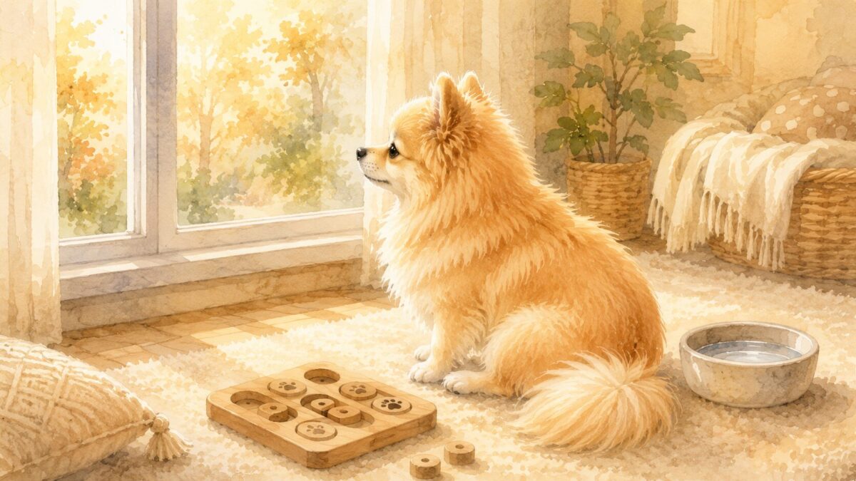 窓辺でおとなしく留守番する犬と知育玩具のイラスト