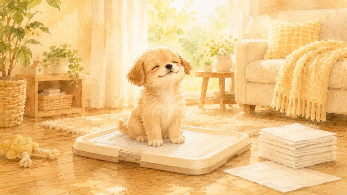 トイレトレーの上に座る得意げな子犬のイラスト