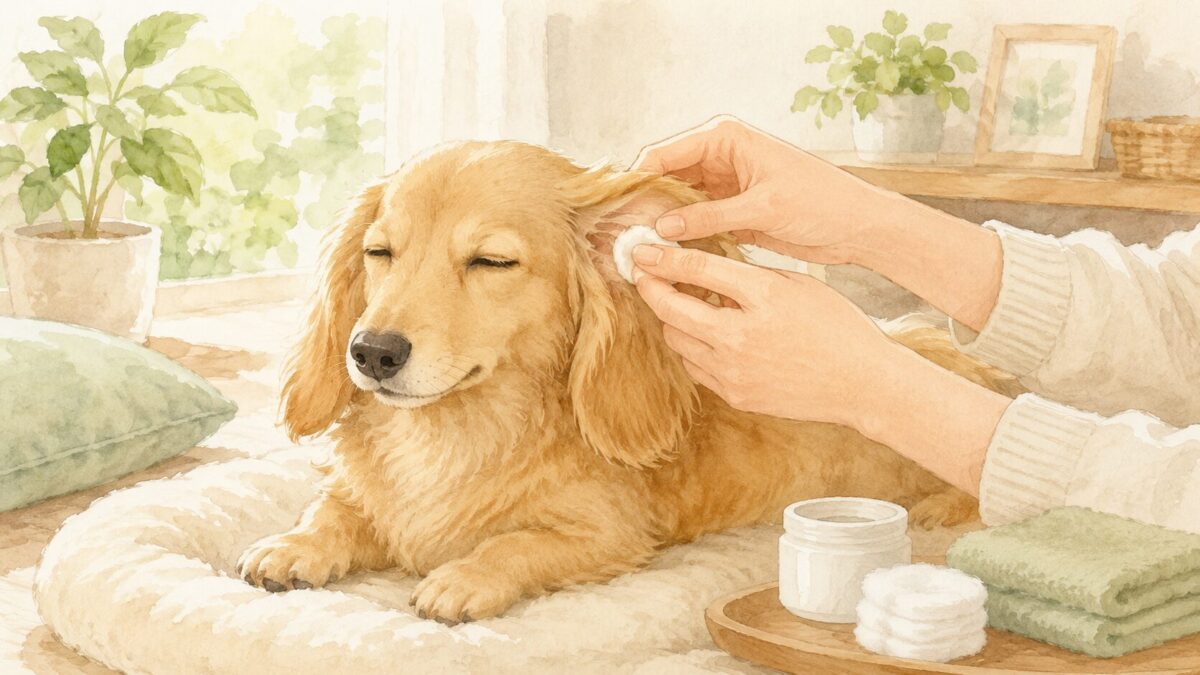 コットンで耳をやさしく拭かれるリラックスした犬のイラスト