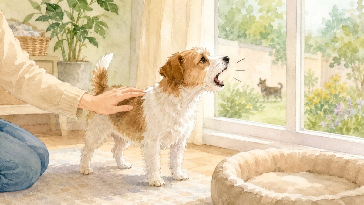 窓の外に吠える犬にやさしく寄り添う飼い主の手のイラスト