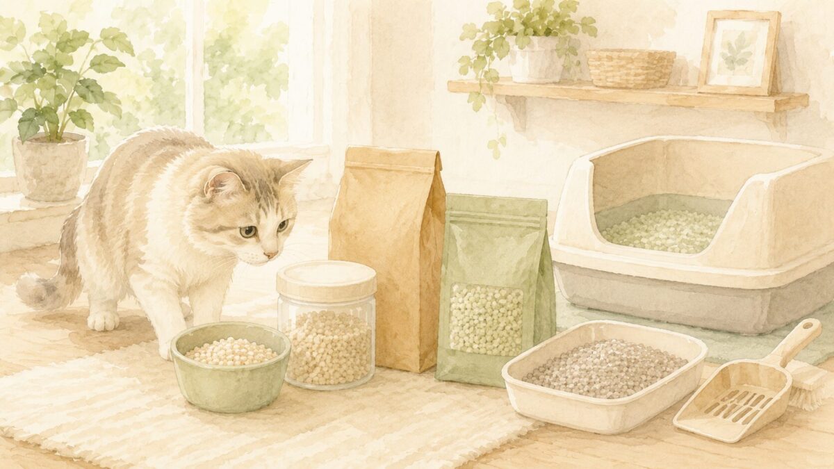 いろいろな種類の猫砂をのぞきこむ猫のイラスト
