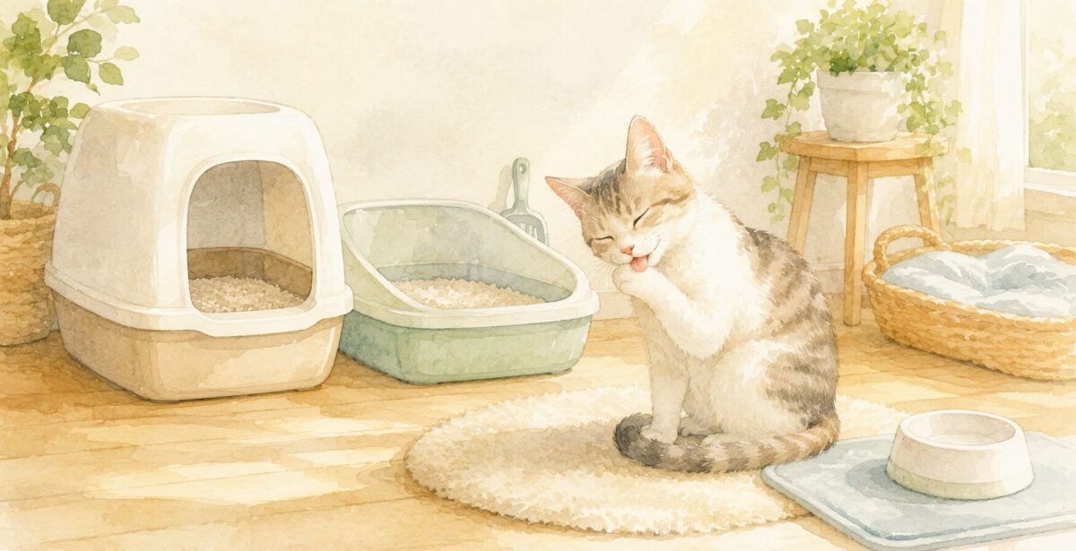 清潔な猫トイレのそばで毛づくろいする猫のイラスト