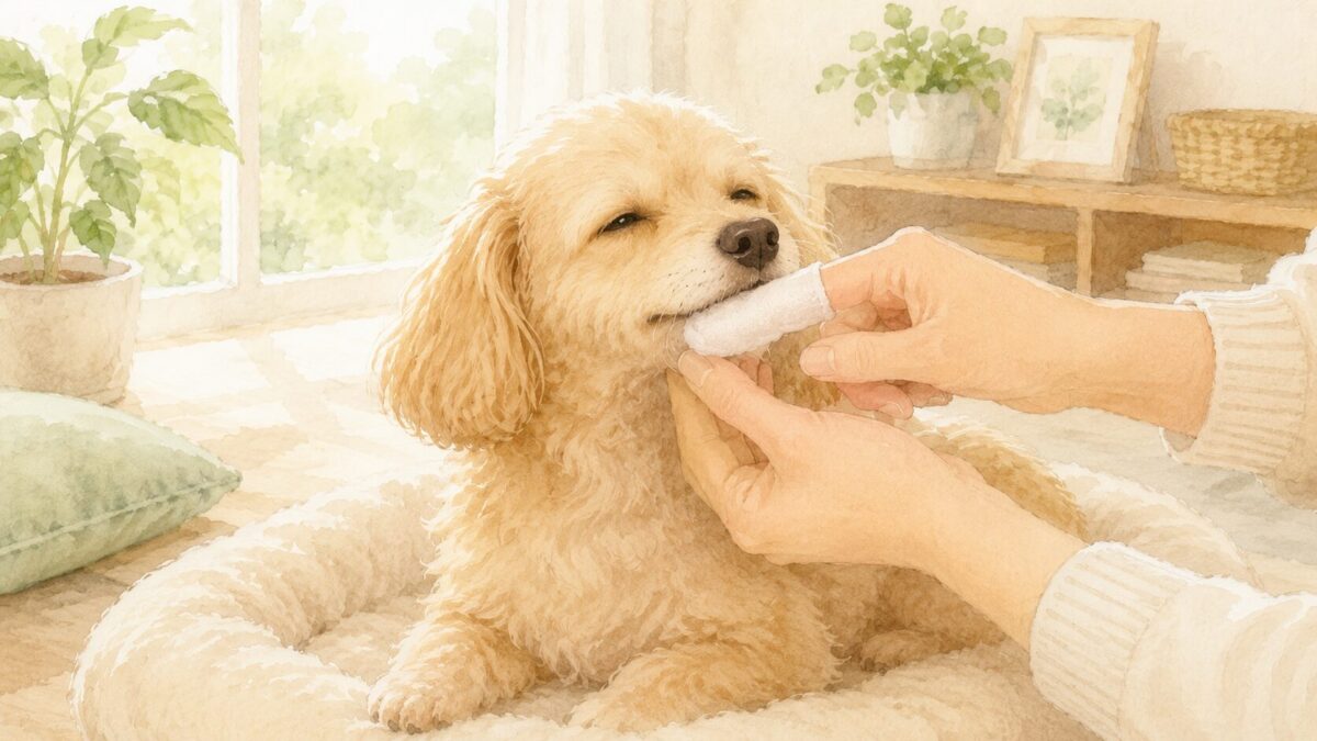 指に巻いたシートで歯をやさしくケアされる犬のイラスト