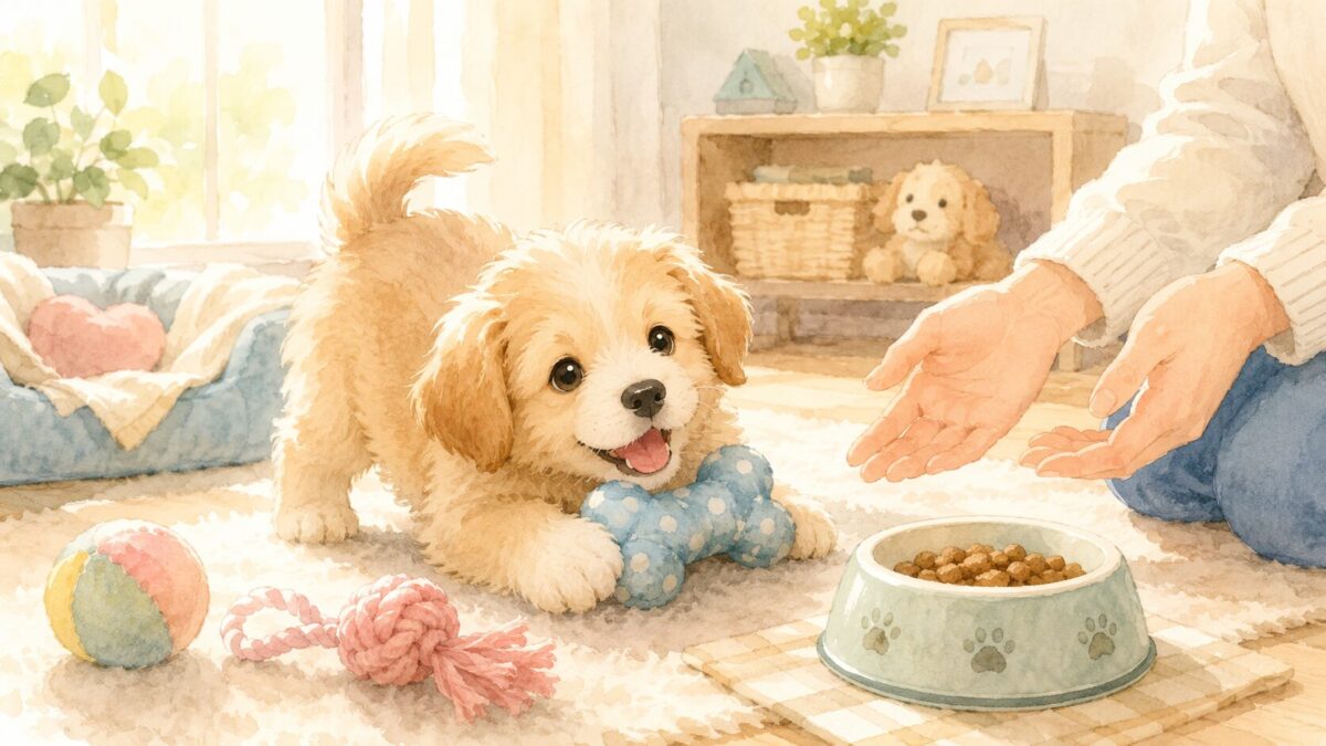 あたたかい部屋で元気に遊ぶふわふわの子犬のイラスト