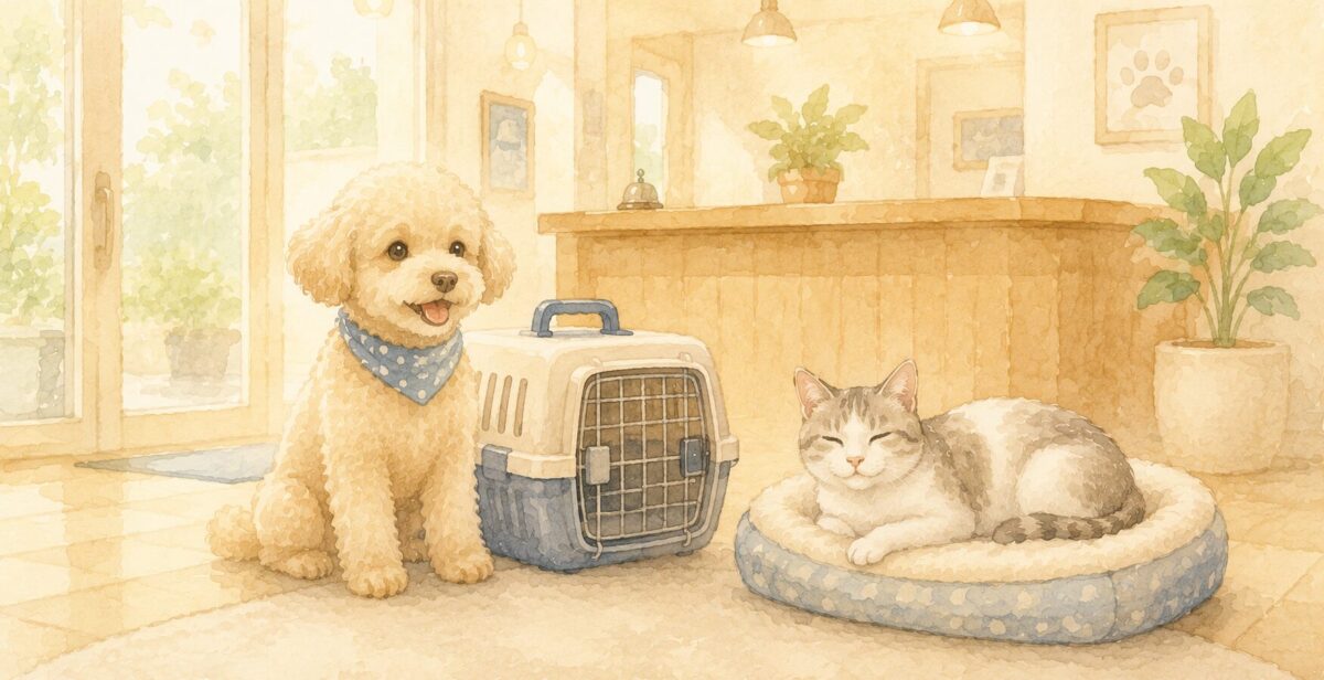 ペットホテルの受付前で待つ犬と猫のイラスト