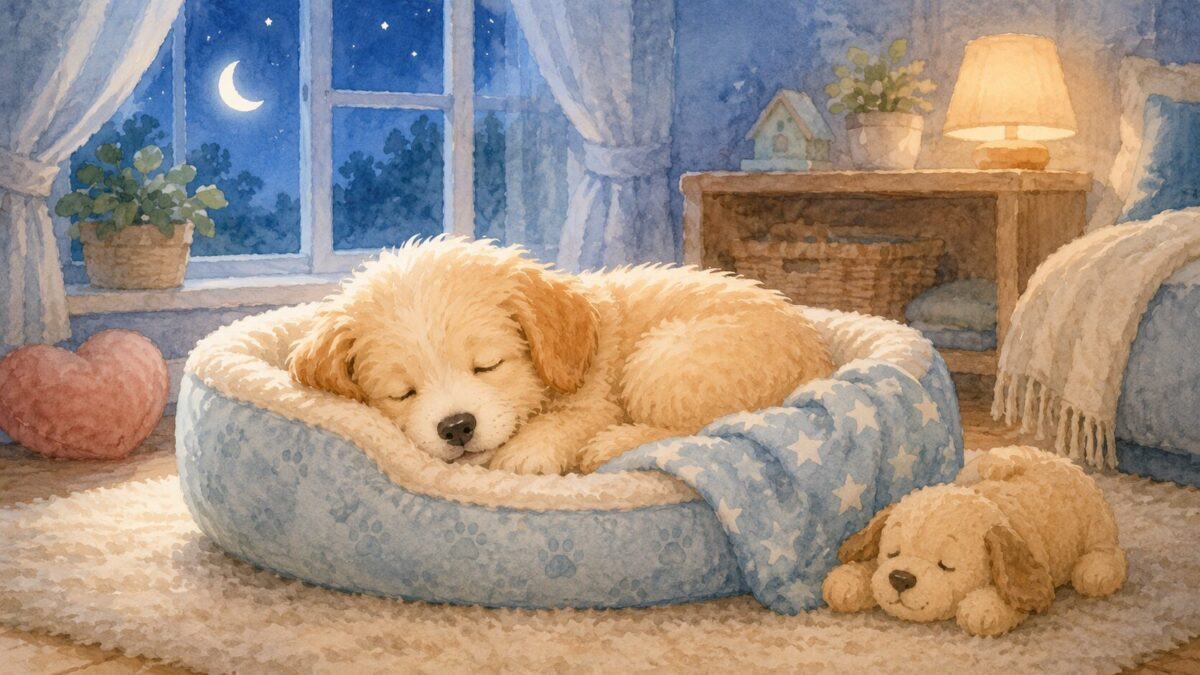 月明かりの部屋の寝床で安心して眠る子犬のイラスト