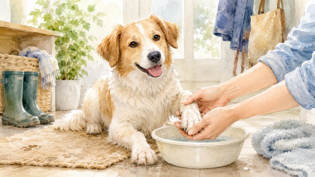 散歩後に洗面器で足をやさしく洗われる犬のイラスト
