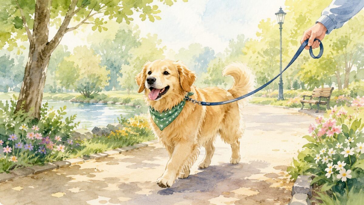 リードをつけて朝の公園を散歩する犬のイラスト