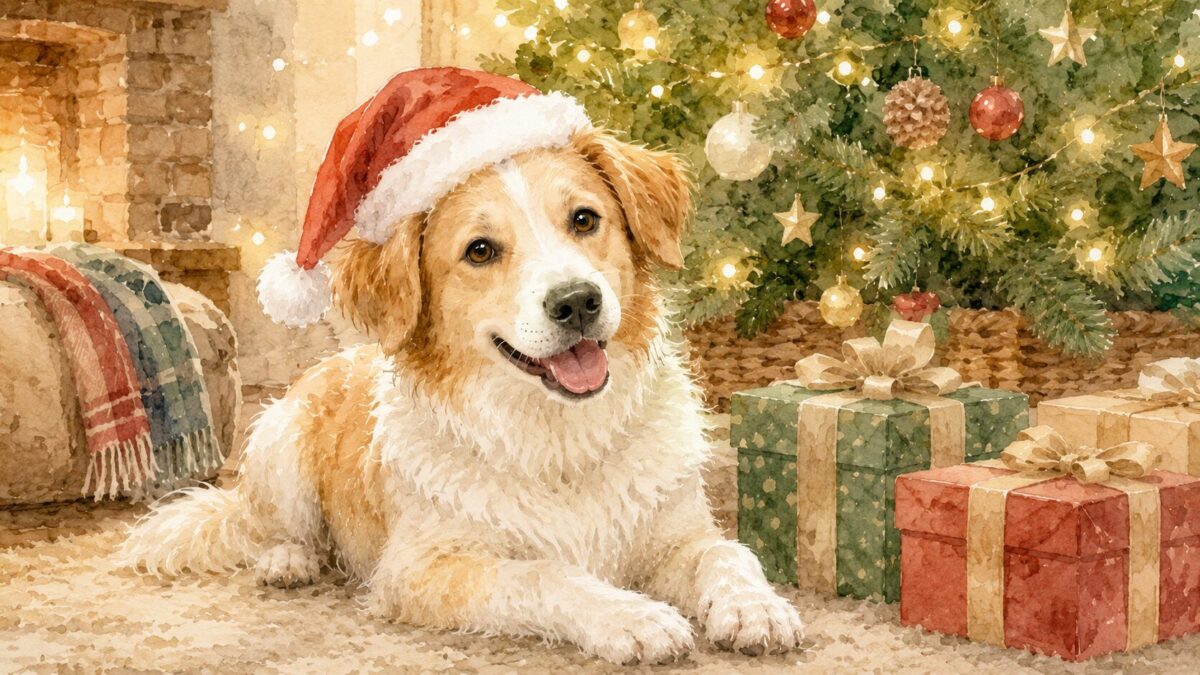 クリスマスツリーのそばでサンタ帽をかぶった犬のイラスト