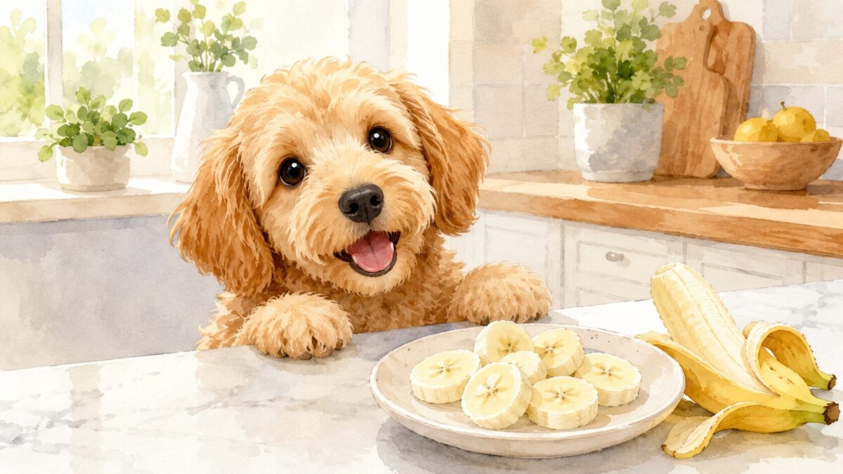 輪切りのバナナを前に見上げる犬のイラスト