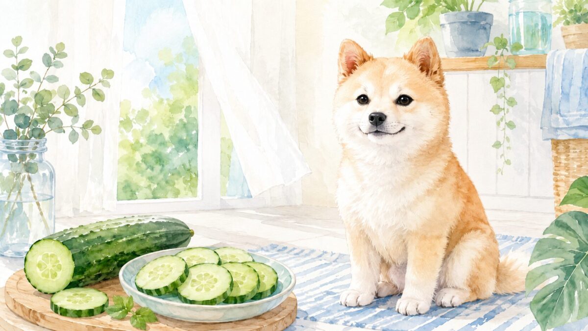 輪切りのきゅうりのそばで涼しげにおすわりする犬のイラスト