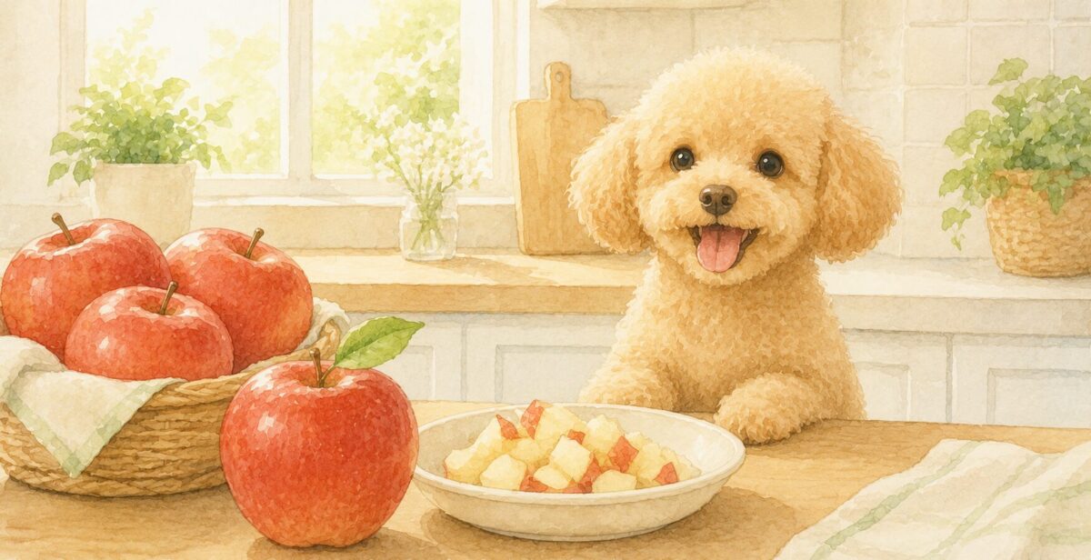 カットしたりんごを前に嬉しそうに待つ犬のイラスト