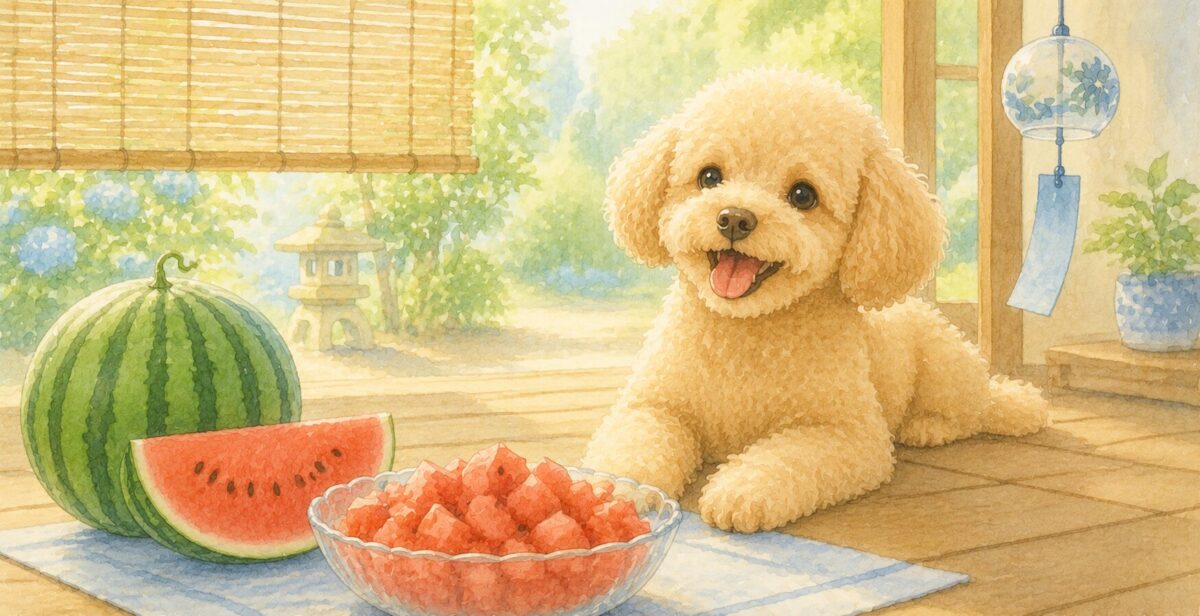 夏の縁側でカットしたスイカを前にする犬のイラスト