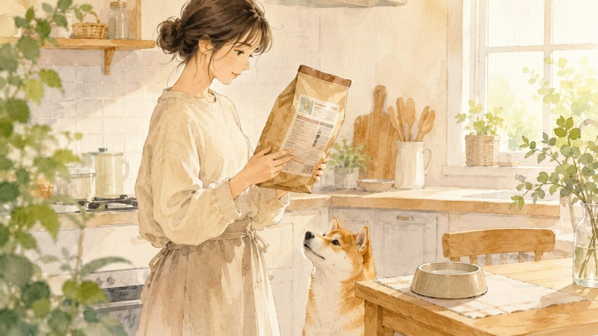ドッグフードの袋の表示を読む飼い主と見上げる柴犬の水彩イラスト