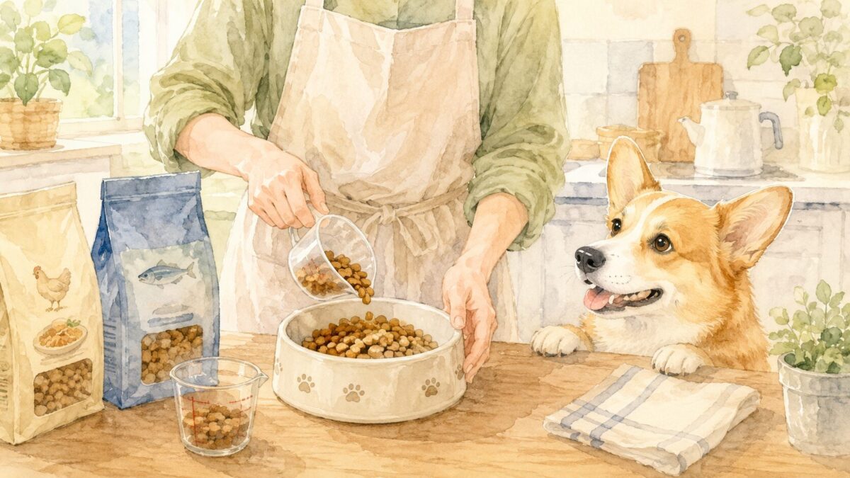 2種類のドッグフードを計量カップで混ぜる飼い主とコーギーの水彩イラスト