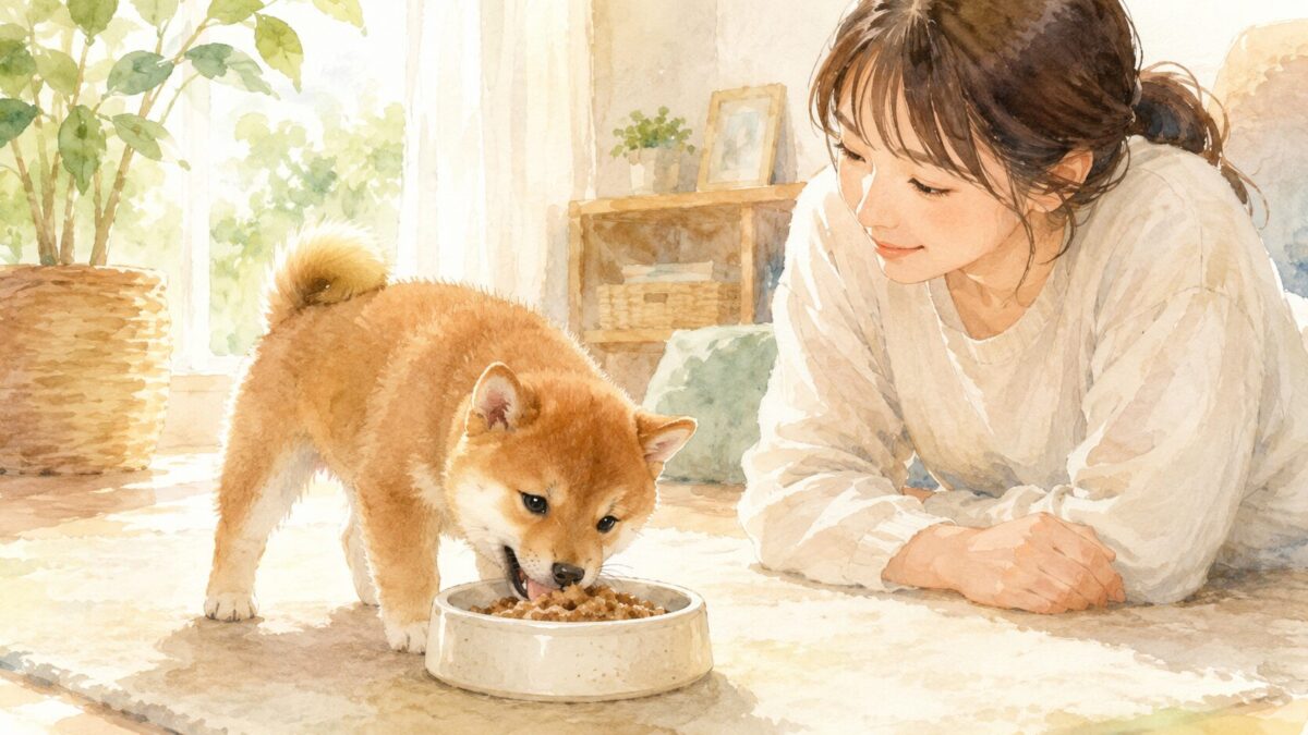 ふやかしたフードを食べる柴犬の子犬を見守る飼い主の水彩イラスト