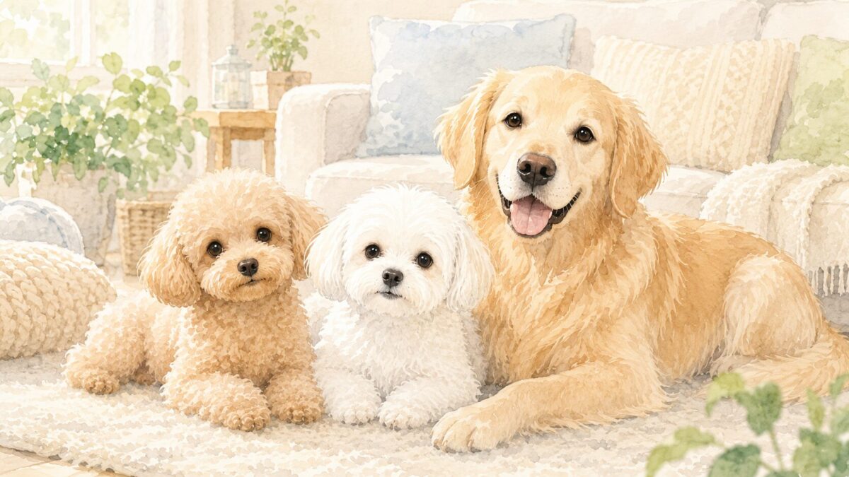 リビングで仲良く並んでくつろぐ3匹の犬のイラスト