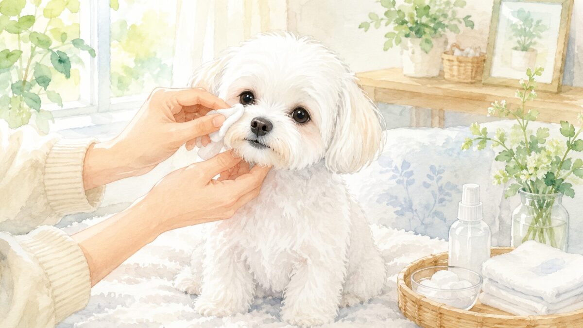 コットンで目の下をやさしく拭かれる白い小型犬のイラスト