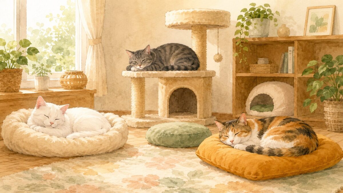 部屋でそれぞれくつろぐ複数の猫のイラスト
