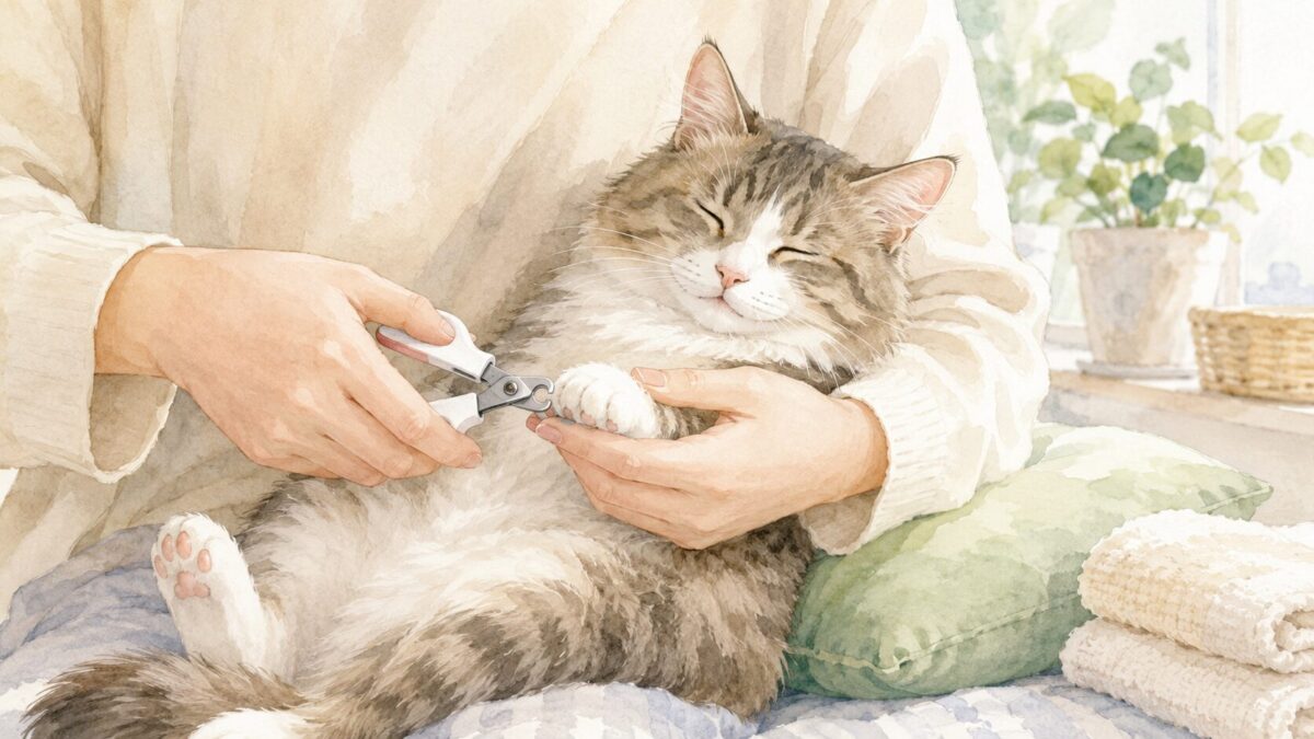 飼い主に抱かれて爪切りをされるおとなしい猫のイラスト