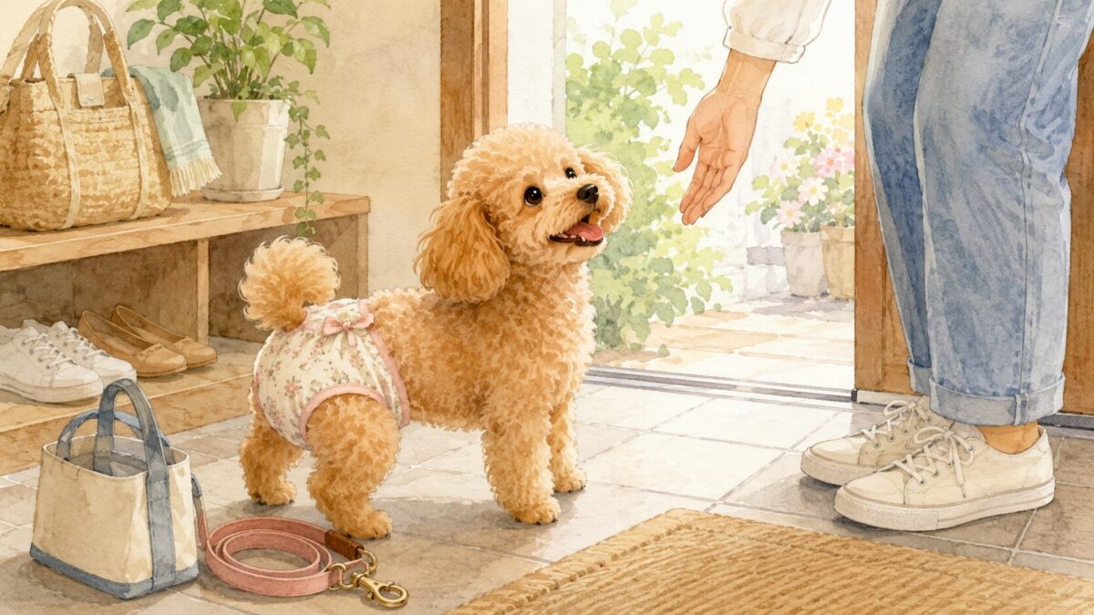 マナーパンツを着けて玄関でおでかけを待つトイプードルのイラスト