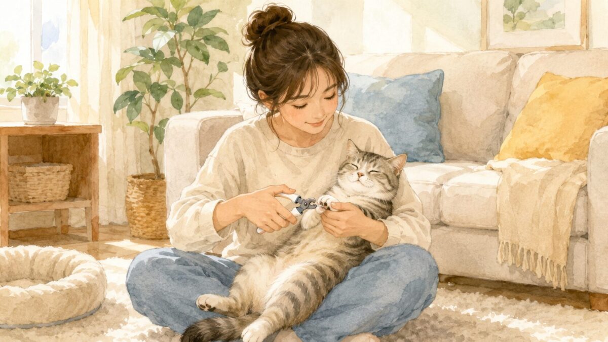 飼い主にひざの上で爪を切ってもらうリラックスした猫のイラスト