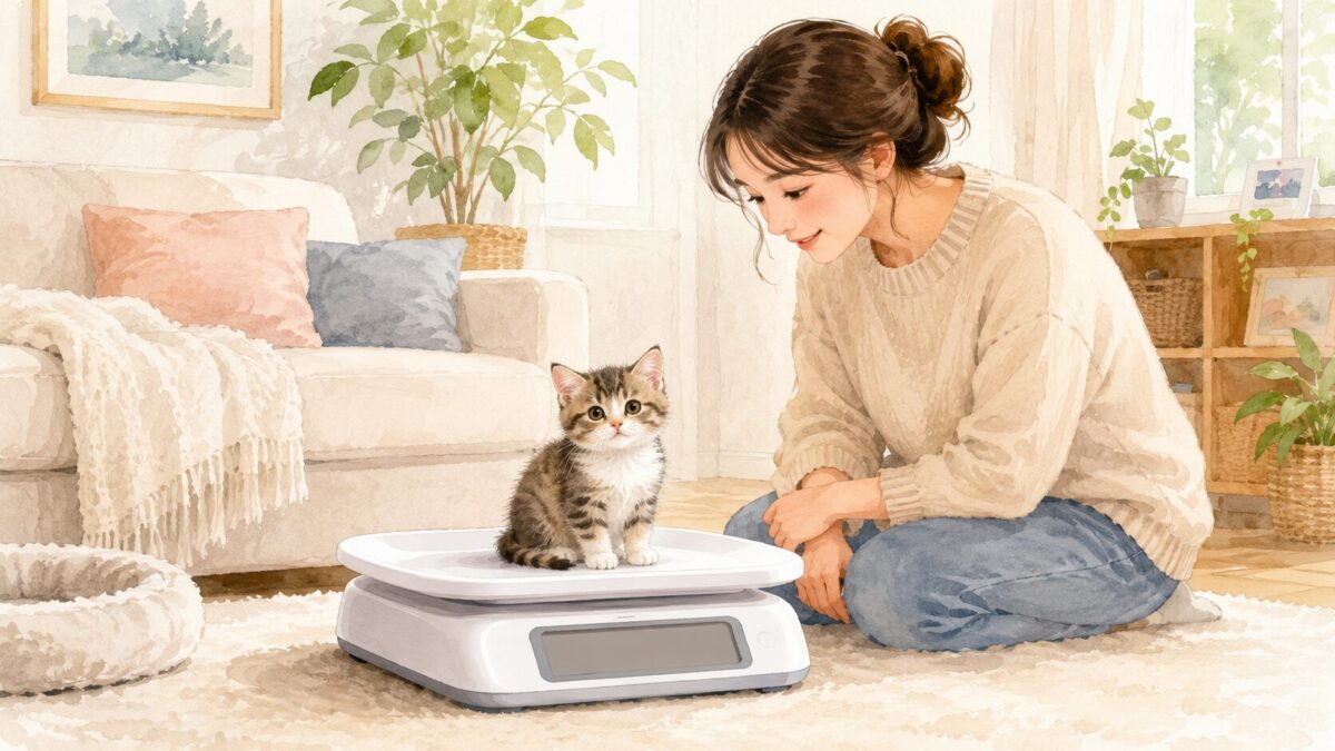 トレー付きのペット用体重計に乗る子猫と見守る飼い主のイラスト