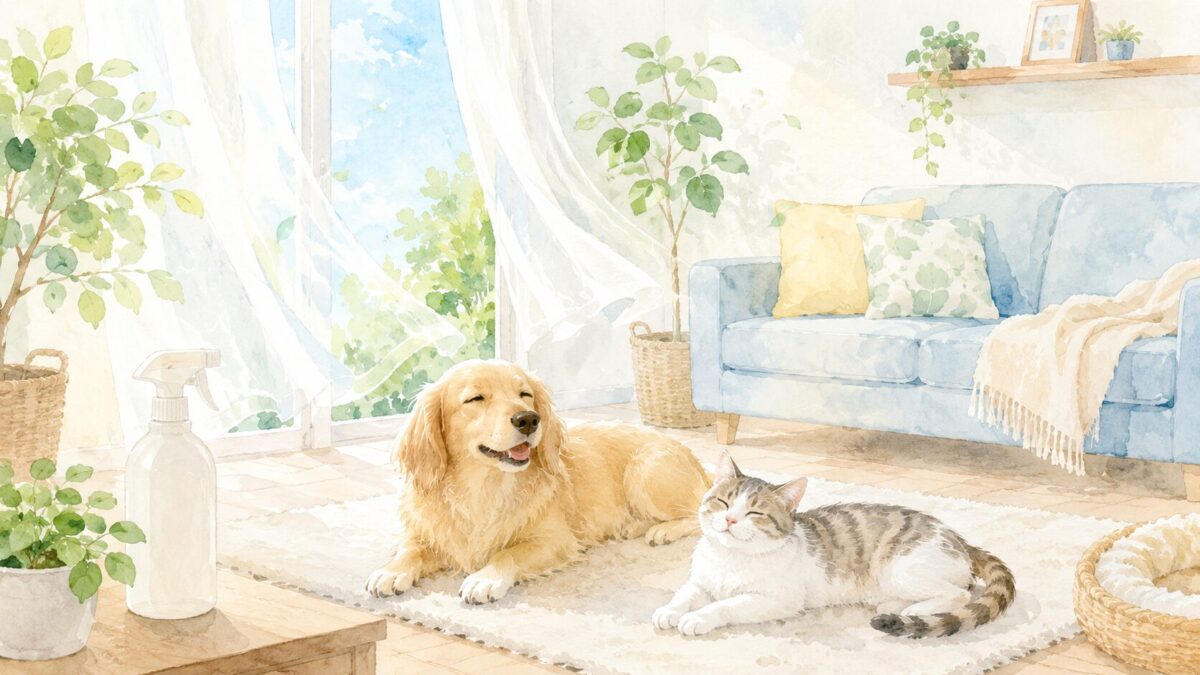 明るいリビングで犬と猫がくつろぐ様子（お部屋の消臭・ニオイ対策のイメージ）