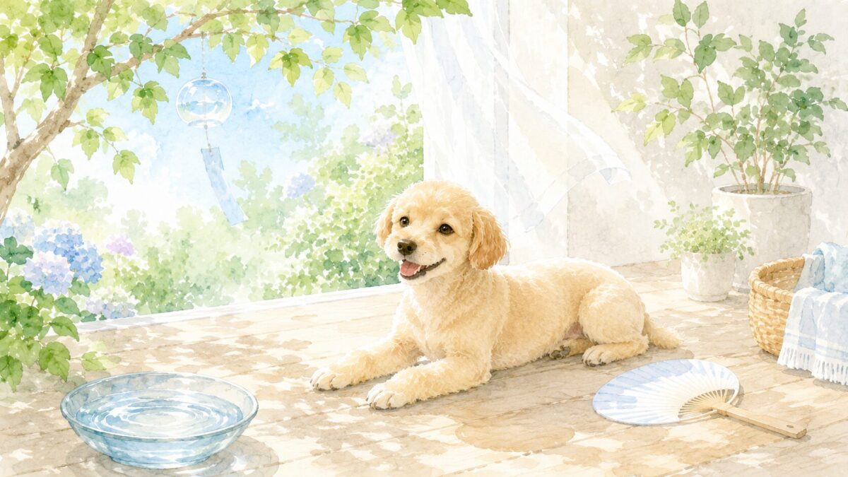サマーカットでさっぱりした夏のトイプードルと涼しげな縁側のイラスト
