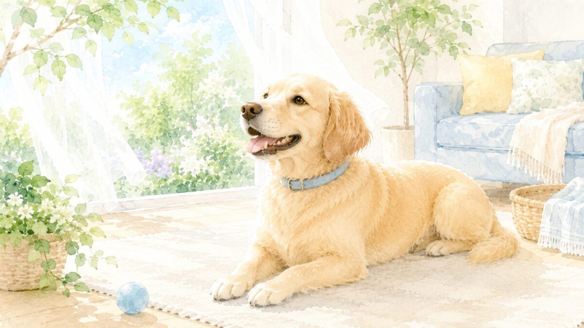 水色の首輪をつけて明るいリビングでくつろぐ犬のイラスト